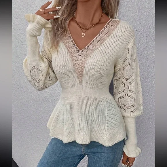 Comfy Sheer Mesh Crochet Guipure Lace Cuff Long Sleeve Peplum Knit Sweater - Picture 4 of 5